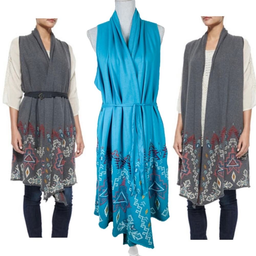 JOHNNY WAS Teal Tisha Aztec Embroidered Drape Vest